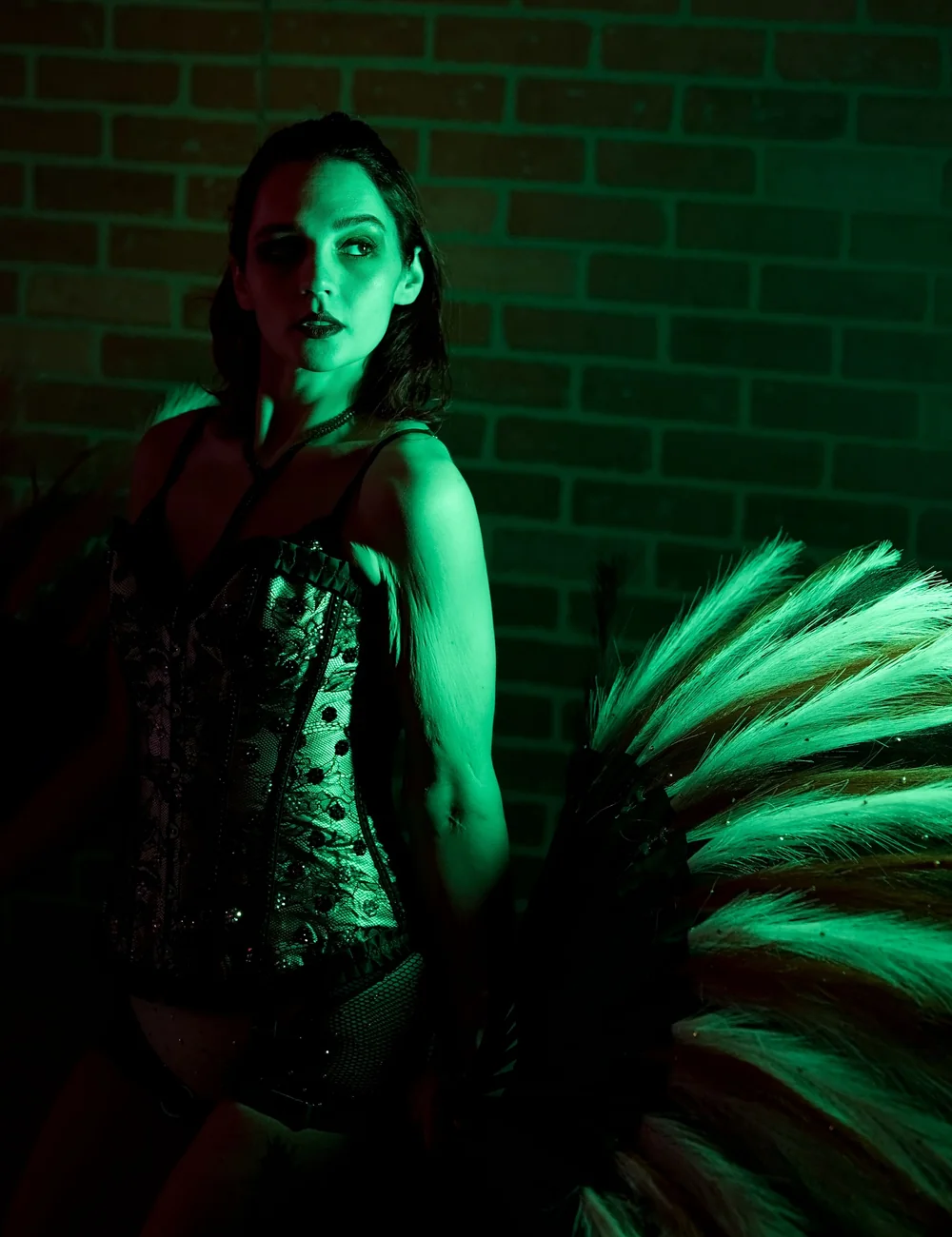 A performer under green stage light against a brick wall, in a sequinned and feathered costume (representative photograph of a cabaret performance, not Maison Milano's own cast)